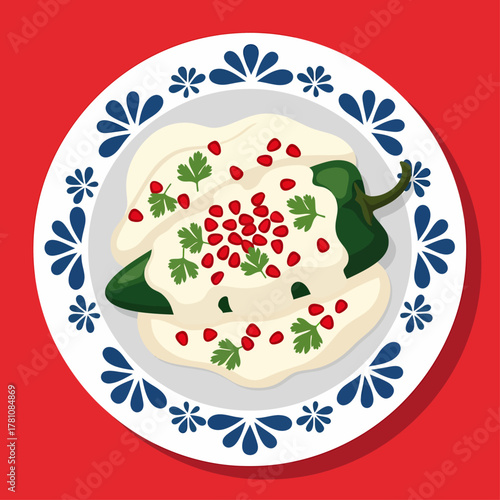 Traditional Mexican Chiles en Nogada illustration, featuring a poblano pepper smothered in creamy walnut sauce, sprinkled with red pomegranate seeds and parsley on a decorative blue and white plate