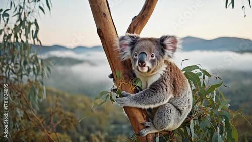 A koala clinging to a tree branch with mountains and fog in the background at daytime outdoors koala video