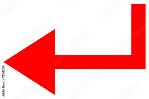 Red vector turn left arrow with sharp corner, for page back or previous button in png format