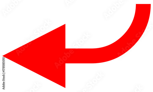 Red vector turn left arrow with curved line, short style, for page back or previous button in png format