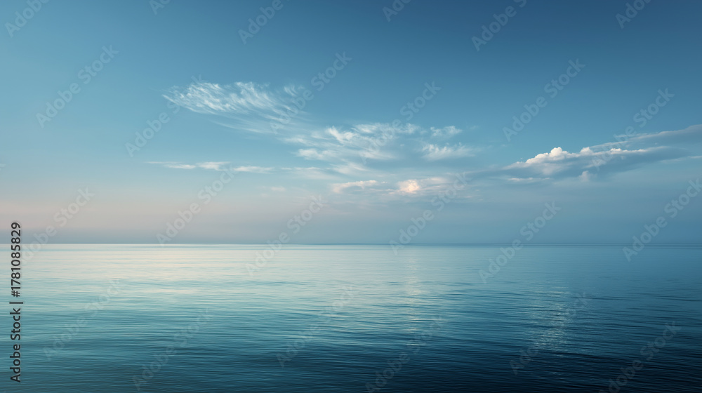 Fototapeta premium Minimal seascape with calm water and blue sky, soft pastel tones, natural gradient, and empty horizon line.