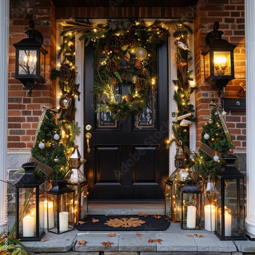 Wallpaper Mural a front door decorated with christmas wreath and lanterns, cozy festive atmosphere Torontodigital.ca