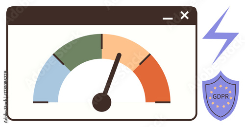 Gauge indicating system performance in browser, GDPR compliance icon, and lightning bolt representing speed. Ideal for technology, data privacy, speed optimization, system monitoring, performance