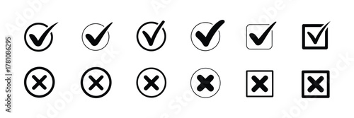 Black Check Mark and Cross Icons in Circles and Squares Set