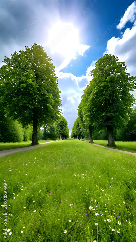 Obraz premium Sunny summer day with blue sky over trees, green grass, and a path in the beautiful park landscape