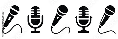 Black Microphone Icons Set, Vintage and Modern Mic Illustration on White