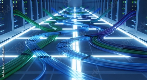 Vibrant network cables connecting servers in a futuristic data center with glowing blue floor.