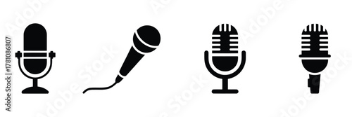 Four Black Microphone Icon Silhouettes for Vocal Recording and Podcast Studio Designs