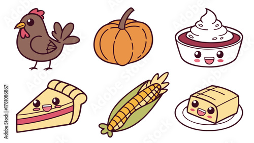 Kawaii Thanksgiving Dinner Food Icons Vector Illustration, A collection of cute, kawaii-style icons representing Thanksgiving dinner foods like chicken, pumpkin