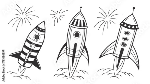 Retro Spaceships Launching with Fireworks, Set of three retro-style spaceships launching with fireworks, in a monochrome, line-art illustration.