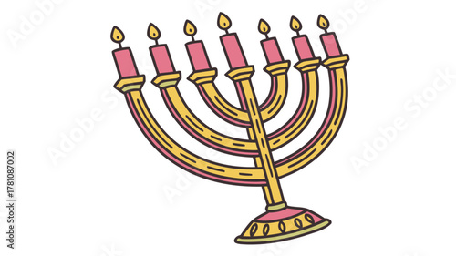 Vector Illustration of a Hanukkah menorah with lit candles, featuring pink and yellow tones, Colorful Hanukkah Menorah 