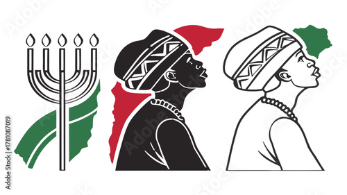 Kwanzaa Celebration Menorah and Profiles Silhouette Vector Arts, Illustration representing Kwanzaa with a kinara and two profiles of African women, featuring elements of red, green, and black