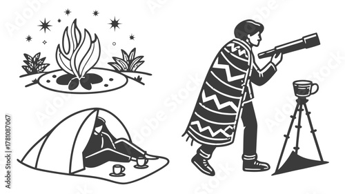 Silhouette Vector Outdoor Camping Stargazing Adventure Set, line-art illustrations depicting outdoor activities: a campfire, a person in a tent, and person stargazing with a telescope and coffee