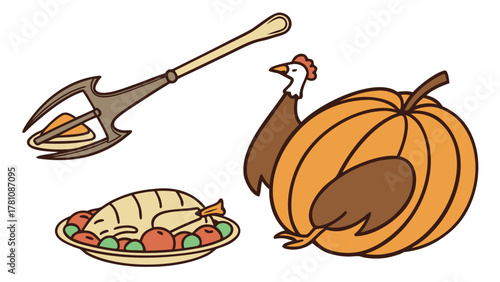 Thanksgiving Harvest Feast Elements Set Vector Illustration, A collection of Thanksgiving harvest elements including a roasted turkey on a platter, a decorative fork, and a pumpkin with a turkey-like