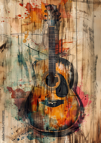 Artistic acoustic guitar with vibrant watercolor splashes on a rustic wooden background, creating a captivating musical expression with a vintage aesthetic