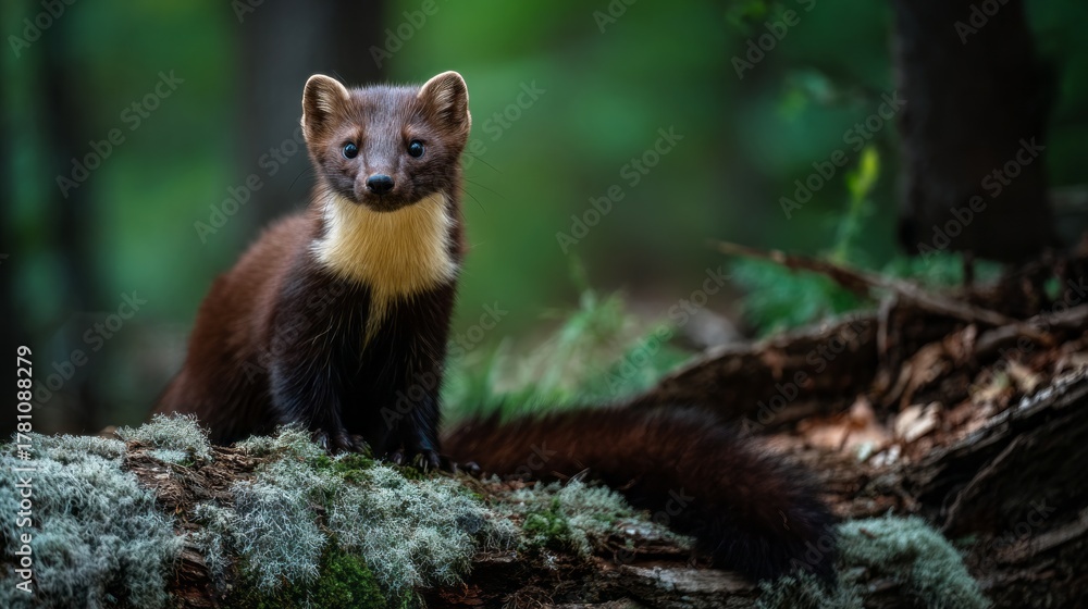 Fototapeta premium In the early morning light, a Croatian kuna pine marten stands alert on a mossy log, blending seamlessly with its forest surroundings while searching for a meal