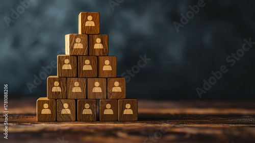 Wooden blocks stacked in a pyramid shape with person icons symbolizing team structure, hierarchy, and human resources.