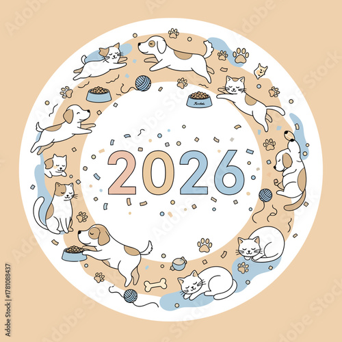 2026 A Festive Gathering of Playful Puppies and Kittens in a Whimsical Circle of Celebration and Fun