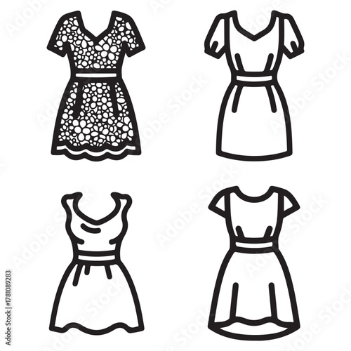 Four outline icons of different styles of dresses on white background Keywords: dress, icon, outline, fashion