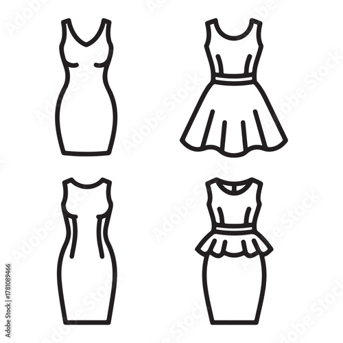 Four outline icons of different styles of dresses on white background Keywords: dress, icon, outline, fashion