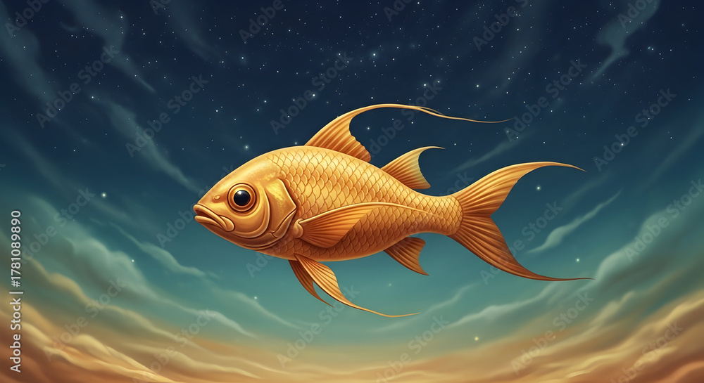 Fototapeta premium Golden Fish Swimming Against a Starry Sky goldfish