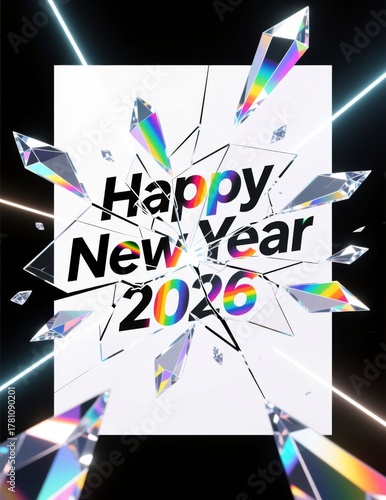 New Year 2026: The New Year's message of 2026 shatters into radiant shards. The vibrant message appears on a stark background, heralding a future full of possibility.