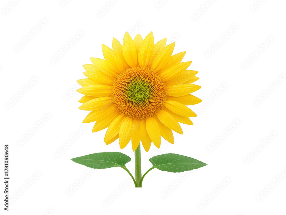 Obraz premium Sunflower yellow flower green leaf summer isolated botanical nature vibrant floral cheerful realistic sunflower with bright yellow petals and green leaves isolated transparency background evoking