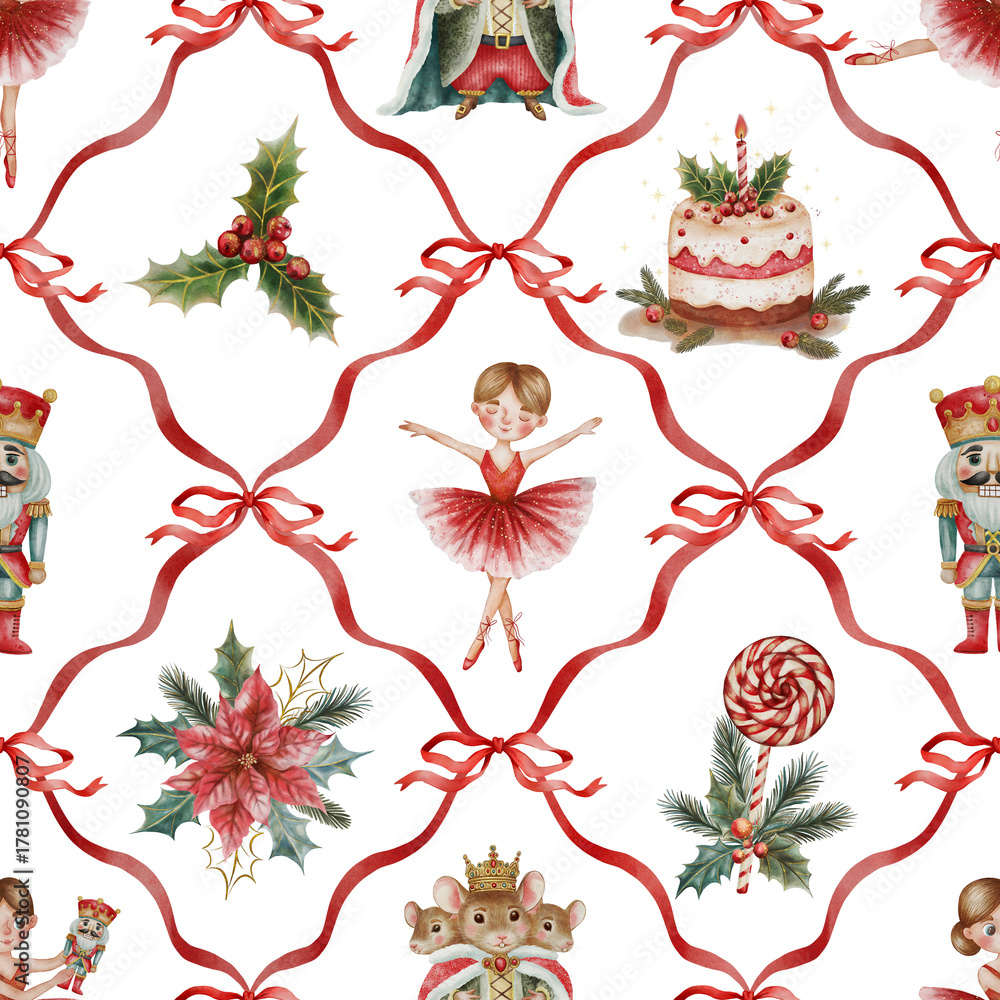 Fototapeta premium Seamless Christmas pattern with red ribbons, nutcracker, ballerina, candy canes, mouse king, Christmas cupcake, and poinsettia — festive holiday design for winter decor and textiles.