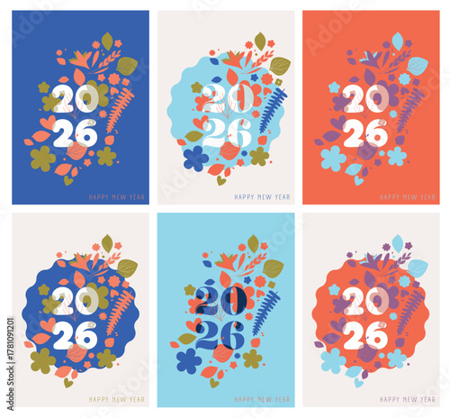 Illustration vectorielle voeux 2026. Collection de cartes postales 2026. Composition florale élégante entourant les chiffres.