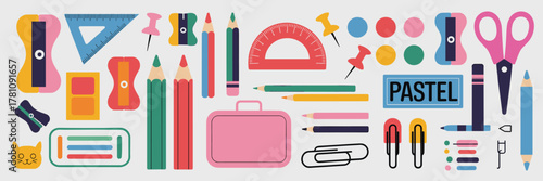 Assortment Of Colorful Stationery And School Supplies On A White Background Keywords: stationery, school supplies, office supplies, colorful