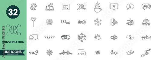 Conversation Line Icons Set 32 Communication, Dialogue, Chat, and Social Interaction Outline Vector Illustrations