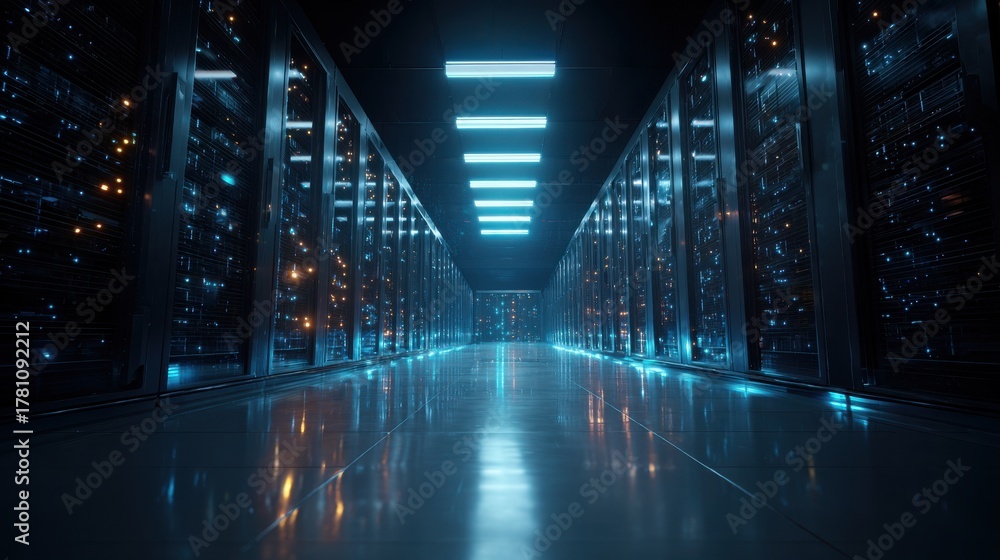 Fototapeta premium Commercial high-resolution photo of futuristic data center server room with blue neon lights.