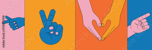 Hands Gesturing Peace Love And Direction In Bold Colors And Minimalist Style Keywords: hands, gestures, peace sign, victory sign, heart shape