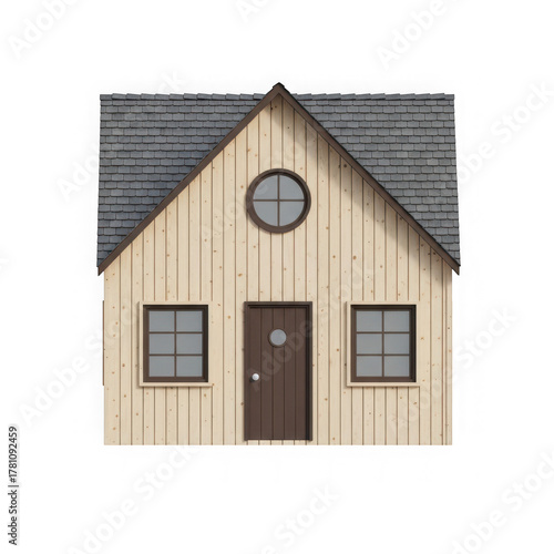 Small wooden house with a dark gray roof, two windows, and a brown door, isolated on transparent background