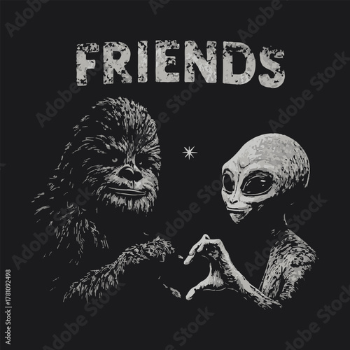 Close-up of a smiling gorilla and a grey alien forming a heart shape with their hands, symbolizing an extraordinary friendship and connection, in a distressed, monochromatic illustration style.