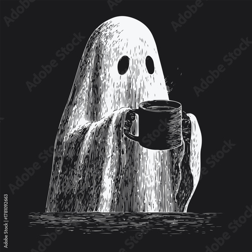 Whimsical ghost figure enjoying a hot coffee in a hand-drawn style