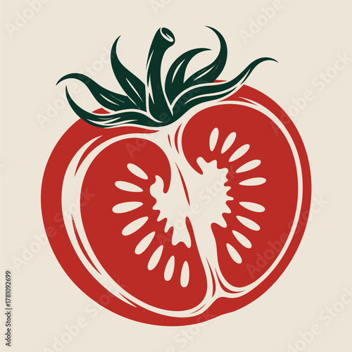 Stylized Cross- Section of a Ripe Red Tomato with Green Stem Keywords: tomato, fruit, vegetable, food, ingredient, cooking, fresh, healthy, red