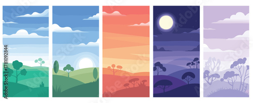 Vertical Landscape Panoramas Depicting Different Times of Day and Seasons Keywords: landscape, panorama, vertical, sky, clouds, hills, trees, sun