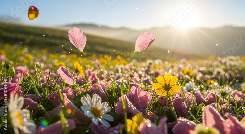 Fototapeta Naklejka Na Ścianę i Meble -  Pink flower petals and water droplets in a sunlit meadow