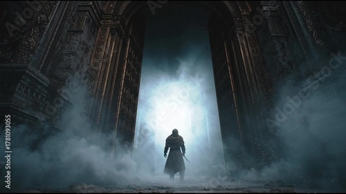 Warrior Pushing Open Massive Ancient Doors Darkness