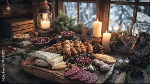 Winter Charcuterie Board Cozy Cabin Background