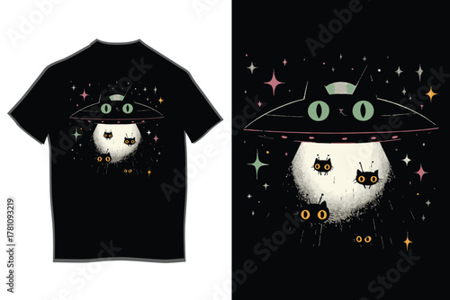 Black cat alien spaceship with big green eyes abducting three small cute cat heads using a bright white tractor beam in the starry night sky