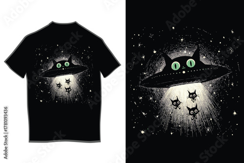 Black cat alien spaceship with big green eyes abducting three small cute cat heads using a bright white tractor beam in the starry night sky
