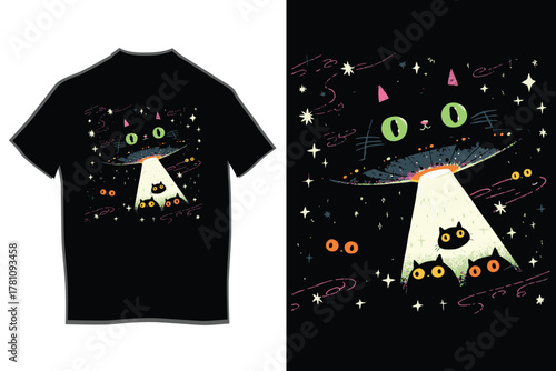Black cat alien spaceship with big green eyes abducting three small cute cat heads using a bright white tractor beam in the starry night sky