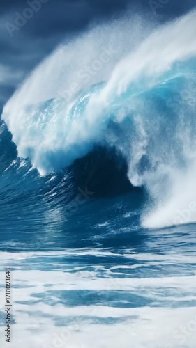 Ocean wave crashing dramatic water texture and intense blue color