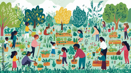 Diverse group gardening in a community garden. All ages and backgrounds engaging in planting, watering, and harvesting. Sustainability, family, health-related campaigns, educational content, community