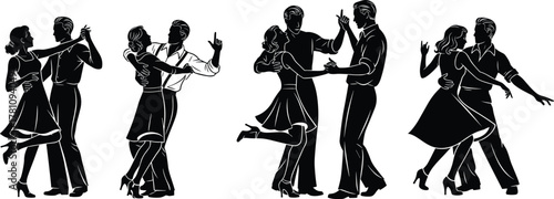 Ballroom dance silhouette, elegant couple poses, formal attire dancers, graceful movement, black illustration, romantic dip, spinning steps, expressive motion