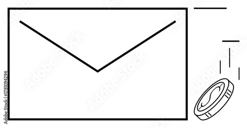 Large envelope with a falling coin emphasizing financial exchange, correspondence, or payments. Ideal for business, email, finance, digital transactions, notifications, communication simple flat