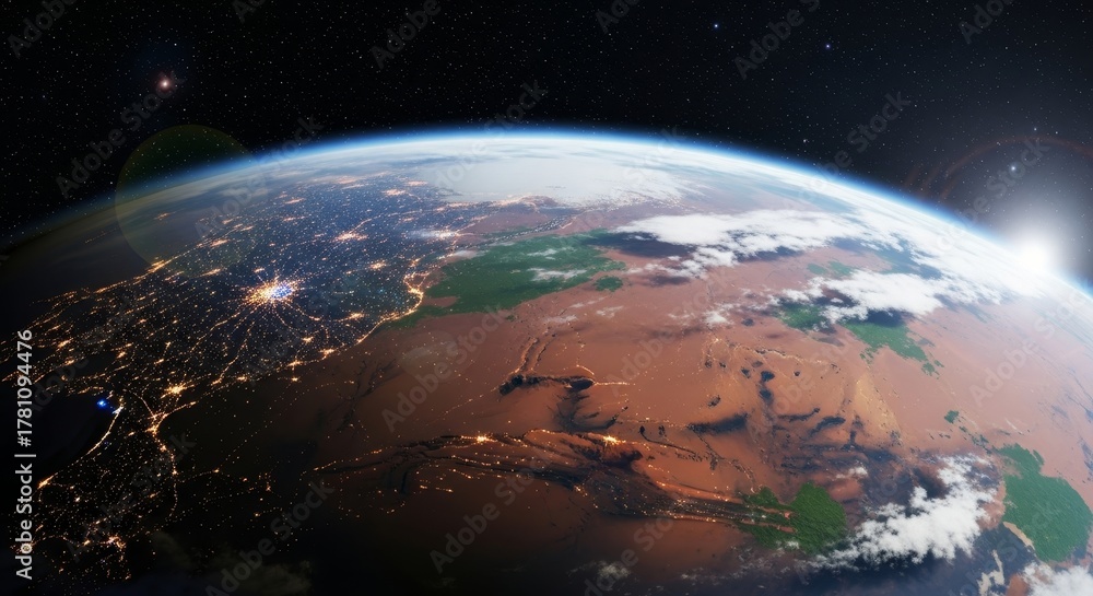 Fototapeta premium A terraformed Mars rotates from night to dawn, showcasing glowing megacity lights across continents and swirling clouds under rising sunlight in 3D animation. Ideal as a looping background for space c
