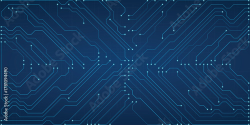 Symmetrical digital circuit board illustration with vibrant blue lines and nodes against a dark blue gradient, representing technological advancement and data connectivity